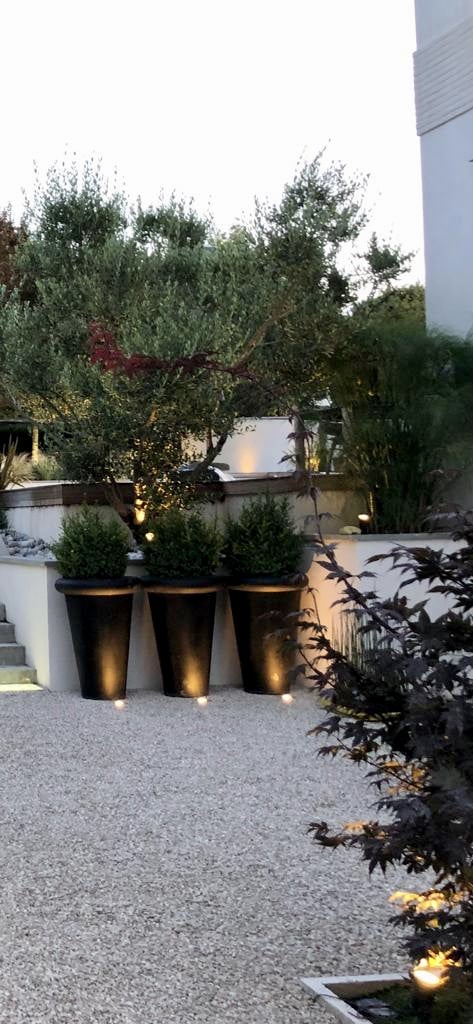 Jardin moderne éclairé la nuit: chemin de gravier, trois grands pots noirs illuminés, un olivier et autres plantes sous des lumières chaudes.