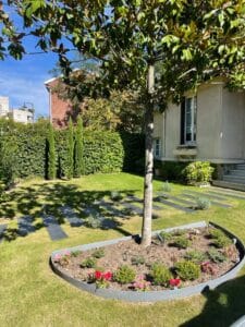 Grand jardin ensoleillé avec arbre central, parterre fleuri (rouge/rose), allée de dalles grises, maison claire et haies vertes.